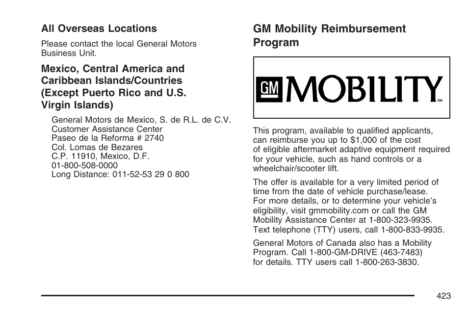 Gm mobility reimbursement program | GMC 2007 Savana User Manual | Page 423 / 452