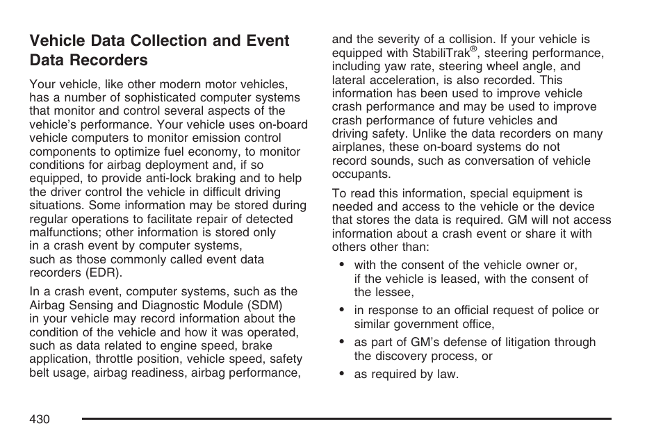 Vehicle data collection and event data recorders, Vehicle data collection and event, Data recorders | GMC 2007 Savana User Manual | Page 430 / 452