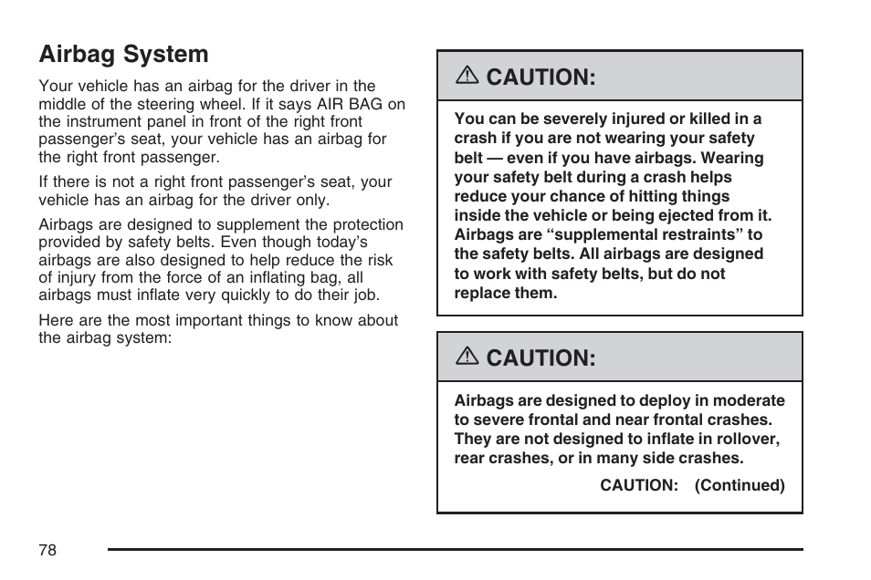 Airbag system, Caution | GMC 2007 Savana User Manual | Page 78 / 452