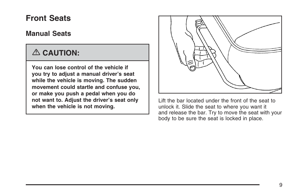Front seats, Manual seats | GMC 2007 Savana User Manual | Page 9 / 452