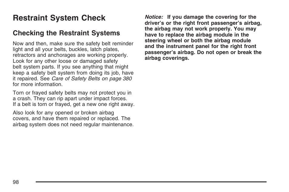 Restraint system check, Checking the restraint systems | GMC 2007 Savana User Manual | Page 98 / 452