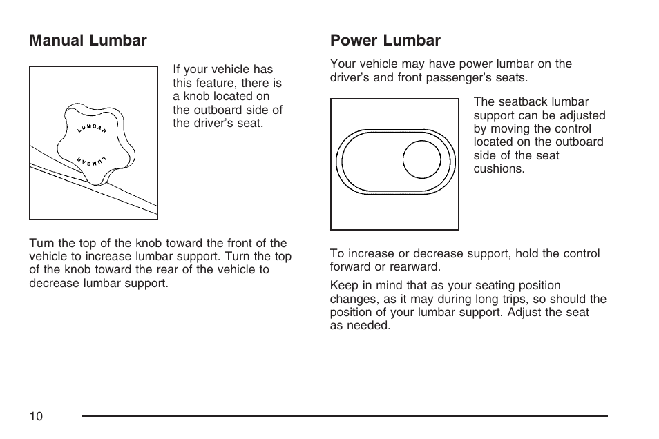 Manual lumbar, Power lumbar, Manual lumbar power lumbar | GMC 2007 Envoy User Manual | Page 10 / 562