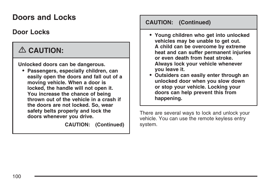 Doors and locks, Door locks, Caution | GMC 2007 Envoy User Manual | Page 100 / 562