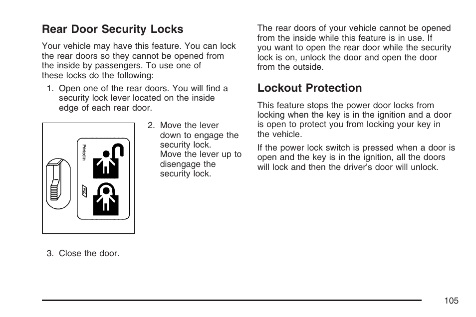 Rear door security locks, Lockout protection, Rear door security locks lockout protection | GMC 2007 Envoy User Manual | Page 105 / 562
