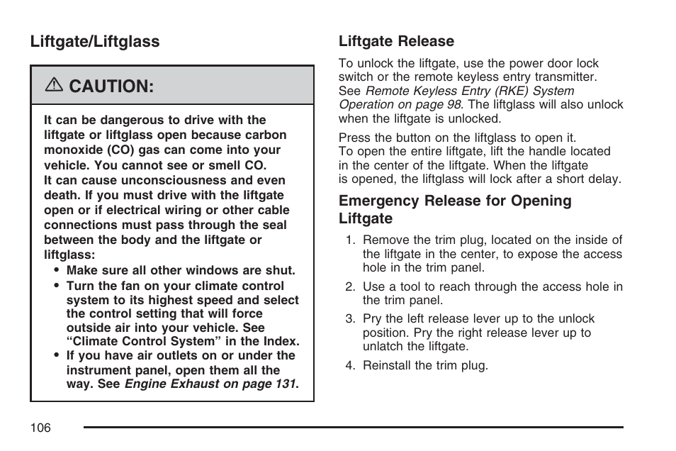 Liftgate/liftglass, Caution | GMC 2007 Envoy User Manual | Page 106 / 562