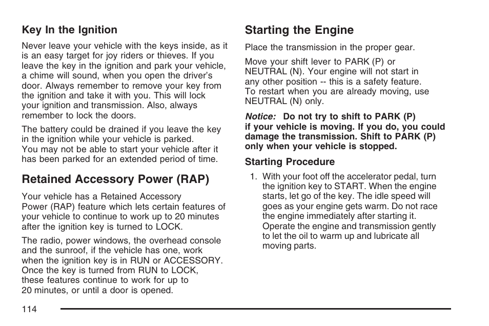 Retained accessory power (rap), Starting the engine | GMC 2007 Envoy User Manual | Page 114 / 562