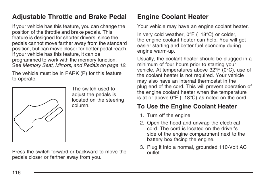 Adjustable throttle and brake pedal, Engine coolant heater | GMC 2007 Envoy User Manual | Page 116 / 562