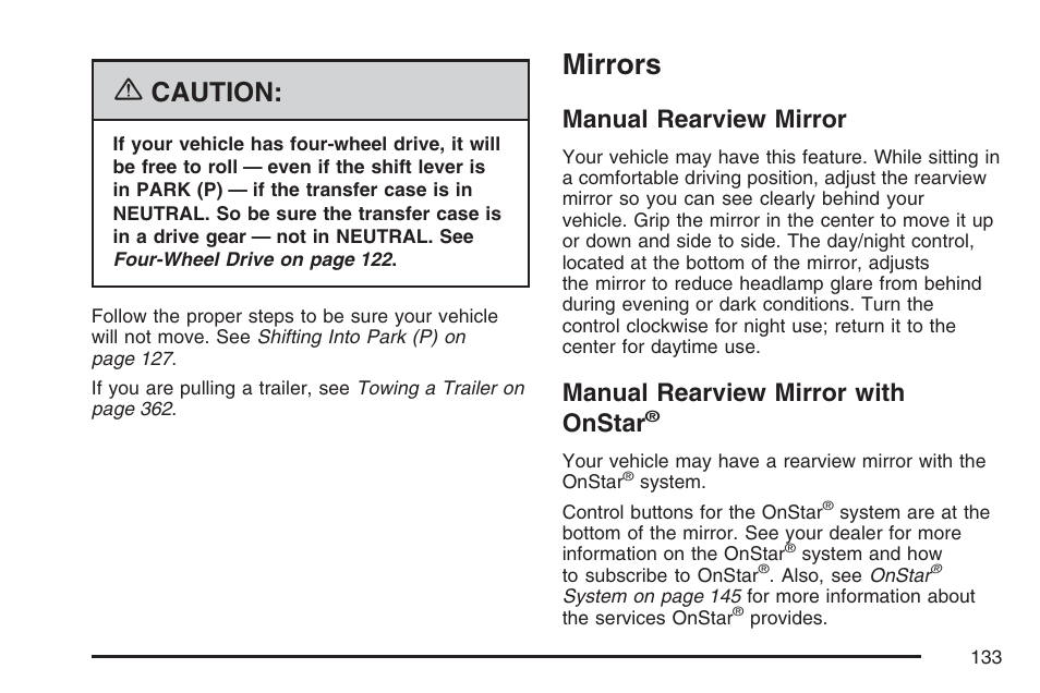 Mirrors, Manual rearview mirror, Manual rearview mirror with onstar | Caution | GMC 2007 Envoy User Manual | Page 133 / 562