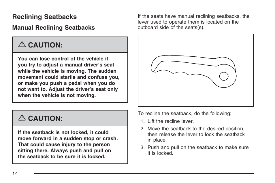 Reclining seatbacks, Caution | GMC 2007 Envoy User Manual | Page 14 / 562