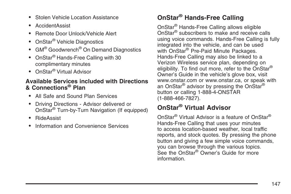 Onstar, Hands-free calling, Virtual advisor | GMC 2007 Envoy User Manual | Page 147 / 562