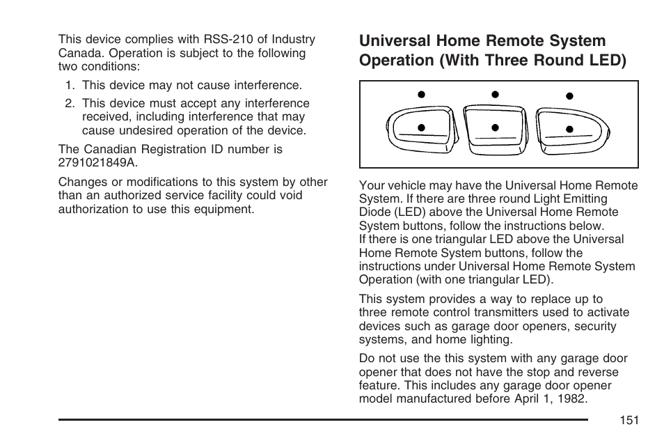 Universal home remote system, Operation (with three round led) | GMC 2007 Envoy User Manual | Page 151 / 562