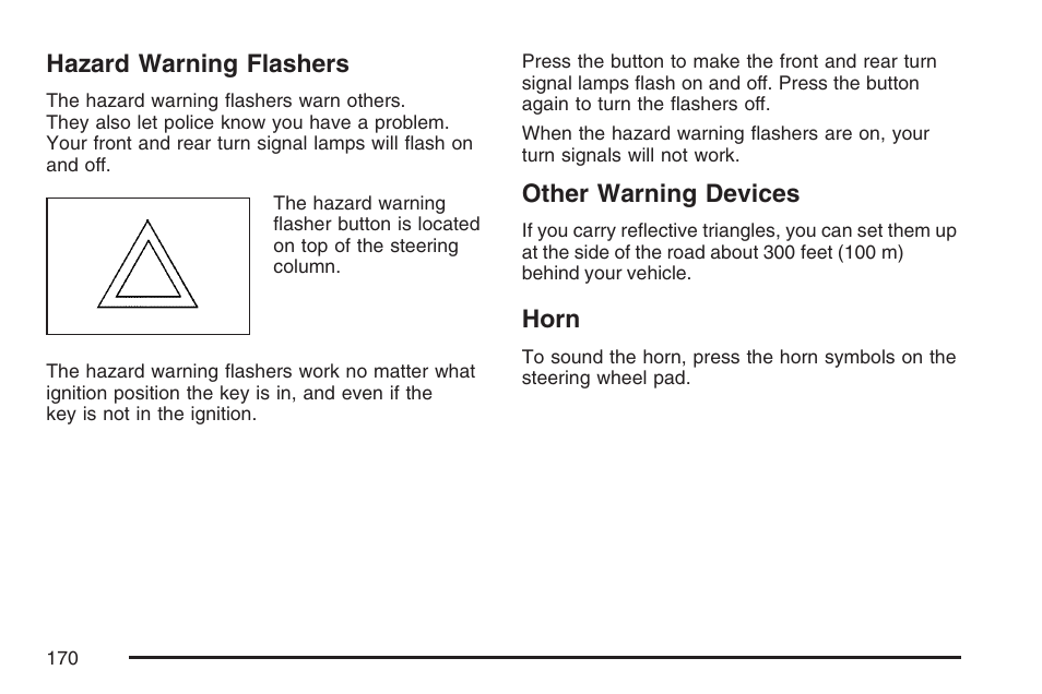 Hazard warning flashers, Other warning devices, Horn | Hazard warning flashers other warning devices horn | GMC 2007 Envoy User Manual | Page 170 / 562