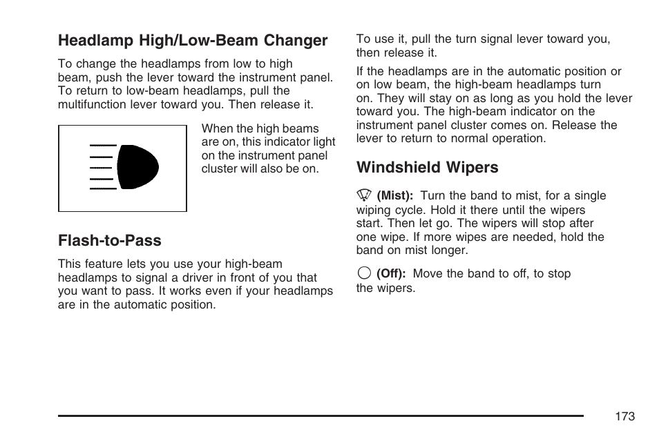 Headlamp high/low-beam changer, Flash-to-pass, Windshield wipers | GMC 2007 Envoy User Manual | Page 173 / 562