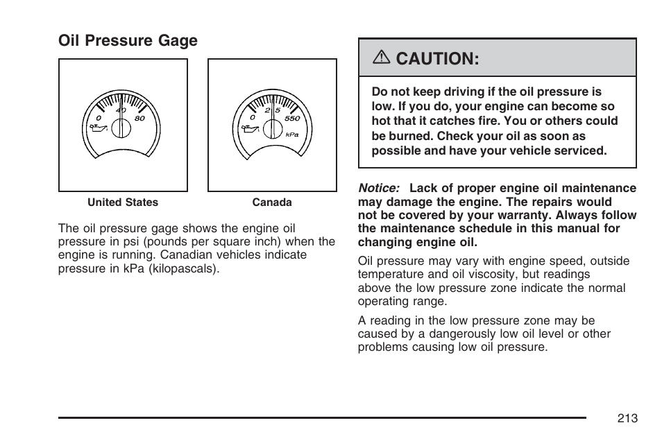 Oil pressure gage, Caution | GMC 2007 Envoy User Manual | Page 213 / 562