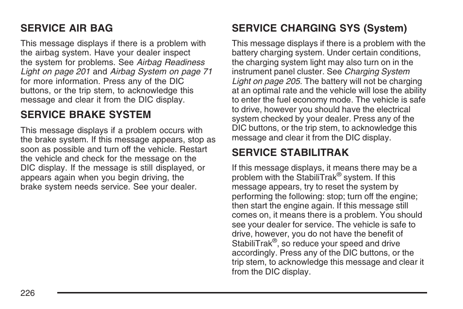 Service air bag, Service brake system, Service charging sys (system) | Service stabilitrak | GMC 2007 Envoy User Manual | Page 226 / 562