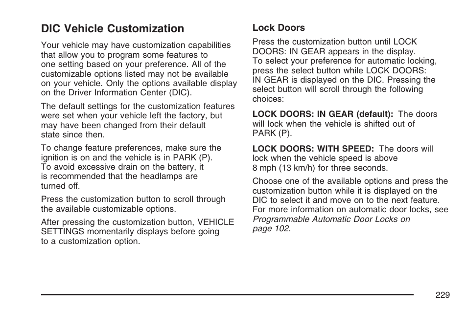 Dic vehicle customization | GMC 2007 Envoy User Manual | Page 229 / 562