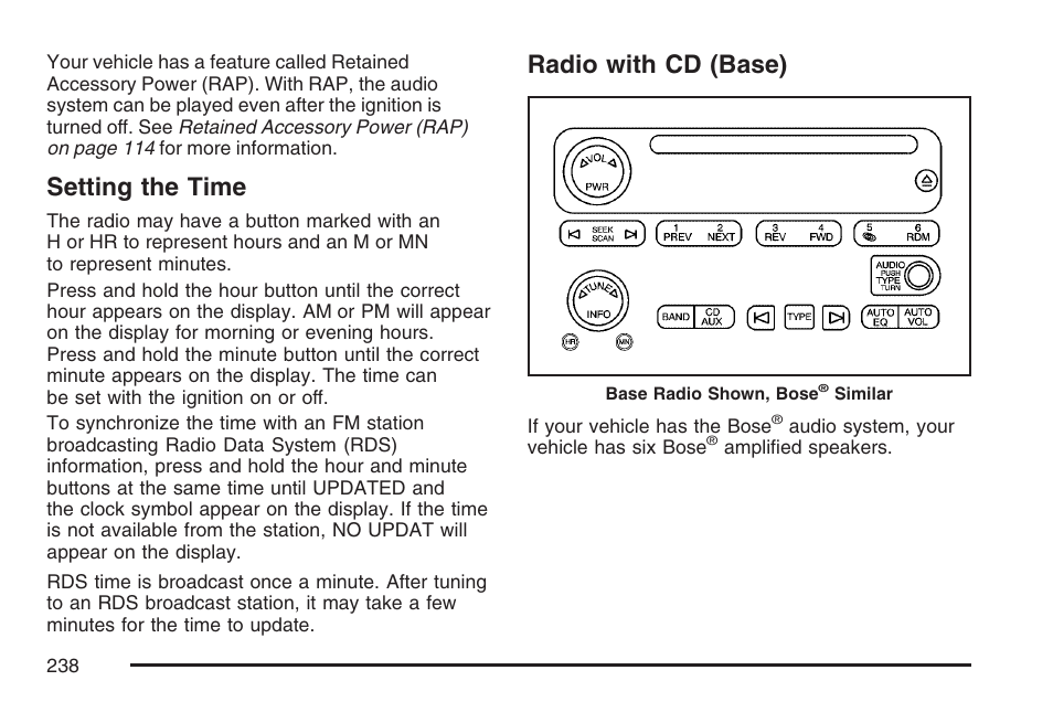 Setting the time, Radio with cd (base), Setting the time radio with cd (base) | GMC 2007 Envoy User Manual | Page 238 / 562