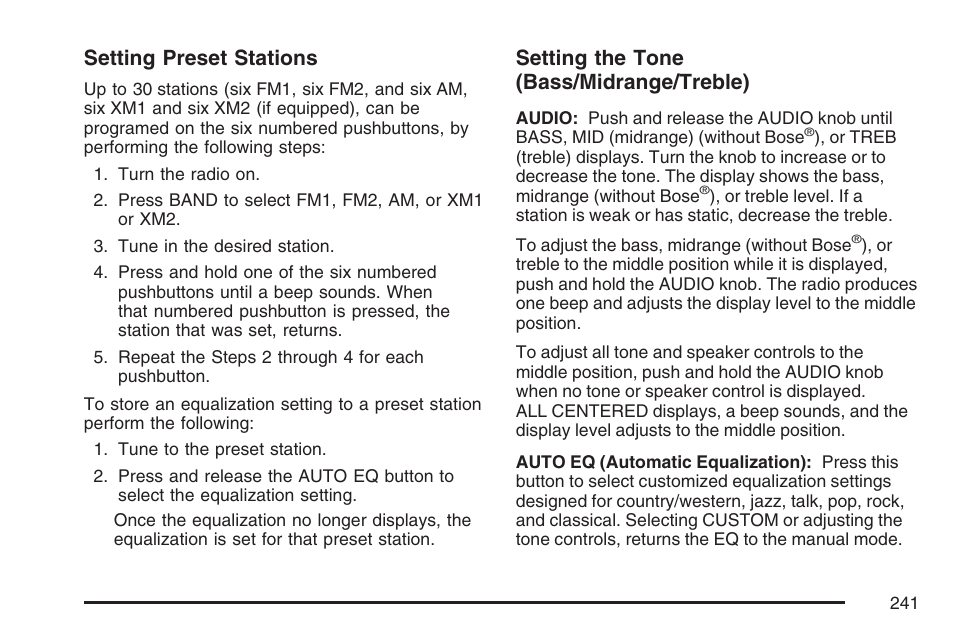 Setting preset stations, Setting the tone (bass/midrange/treble) | GMC 2007 Envoy User Manual | Page 241 / 562