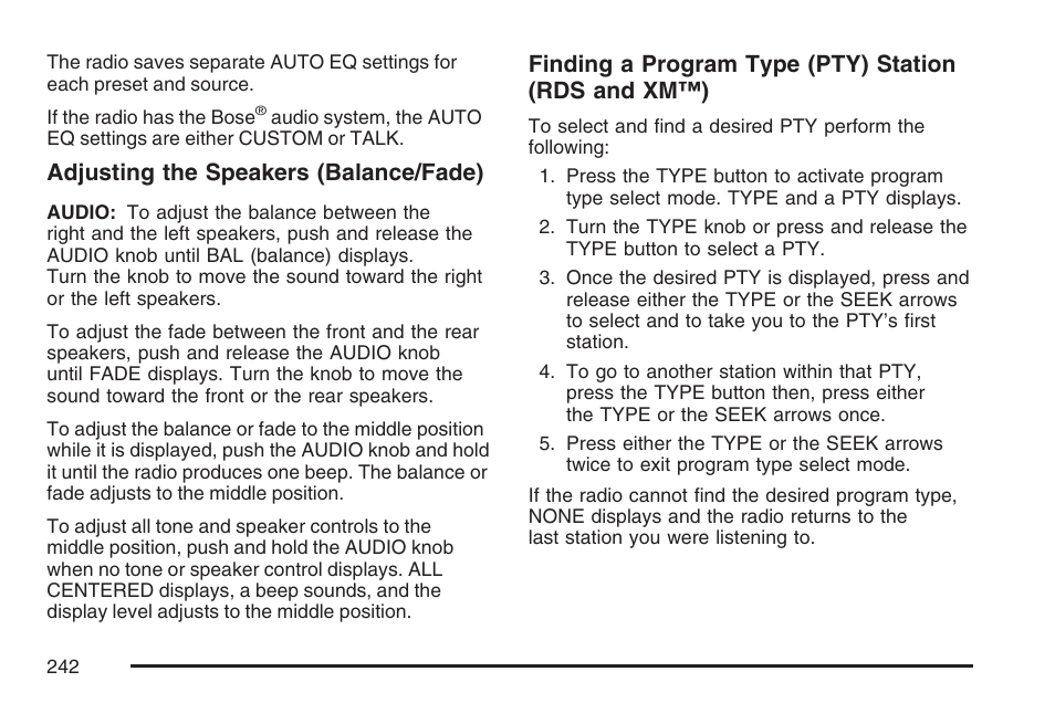 Adjusting the speakers (balance/fade), Finding a program type (pty) station (rds and xm™) | GMC 2007 Envoy User Manual | Page 242 / 562