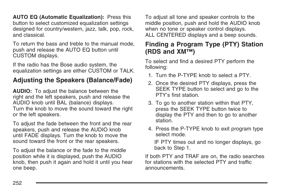 Adjusting the speakers (balance/fade), Finding a program type (pty) station (rds and xm™) | GMC 2007 Envoy User Manual | Page 252 / 562