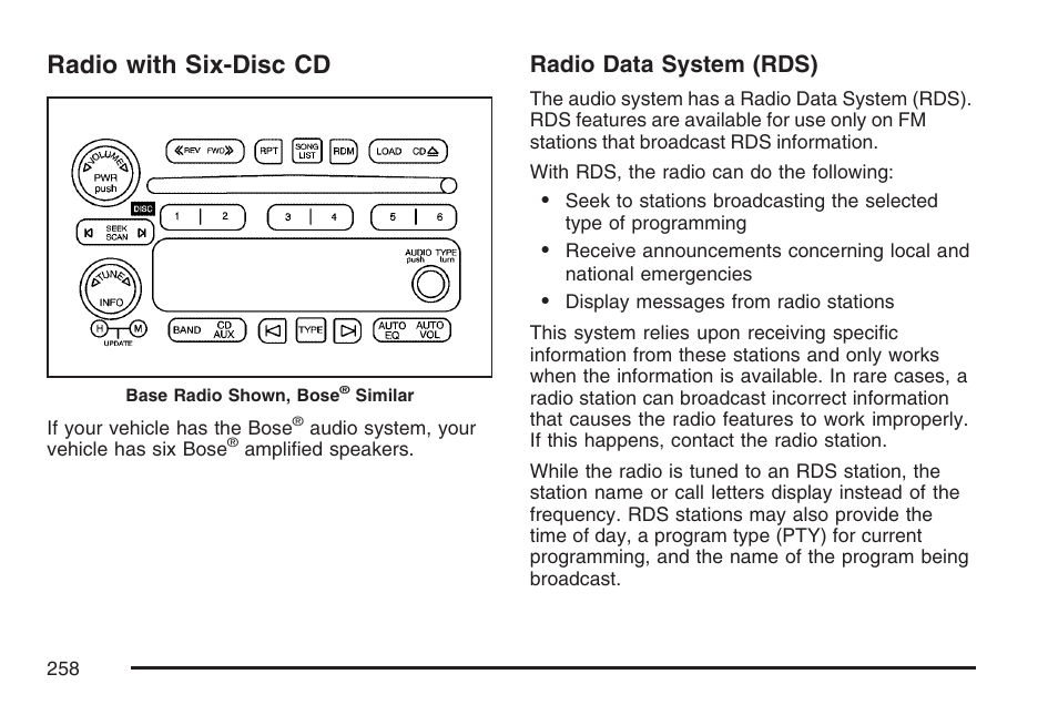 Radio with six-disc cd, Radio data system (rds) | GMC 2007 Envoy User Manual | Page 258 / 562