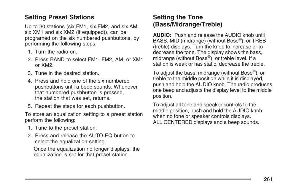 Setting preset stations, Setting the tone (bass/midrange/treble) | GMC 2007 Envoy User Manual | Page 261 / 562