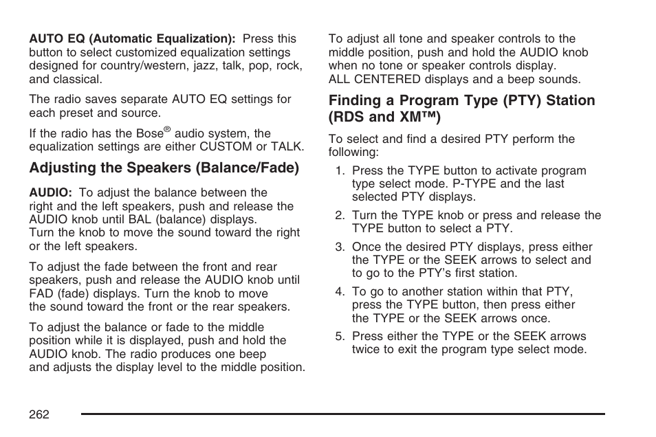 Adjusting the speakers (balance/fade), Finding a program type (pty) station (rds and xm™) | GMC 2007 Envoy User Manual | Page 262 / 562