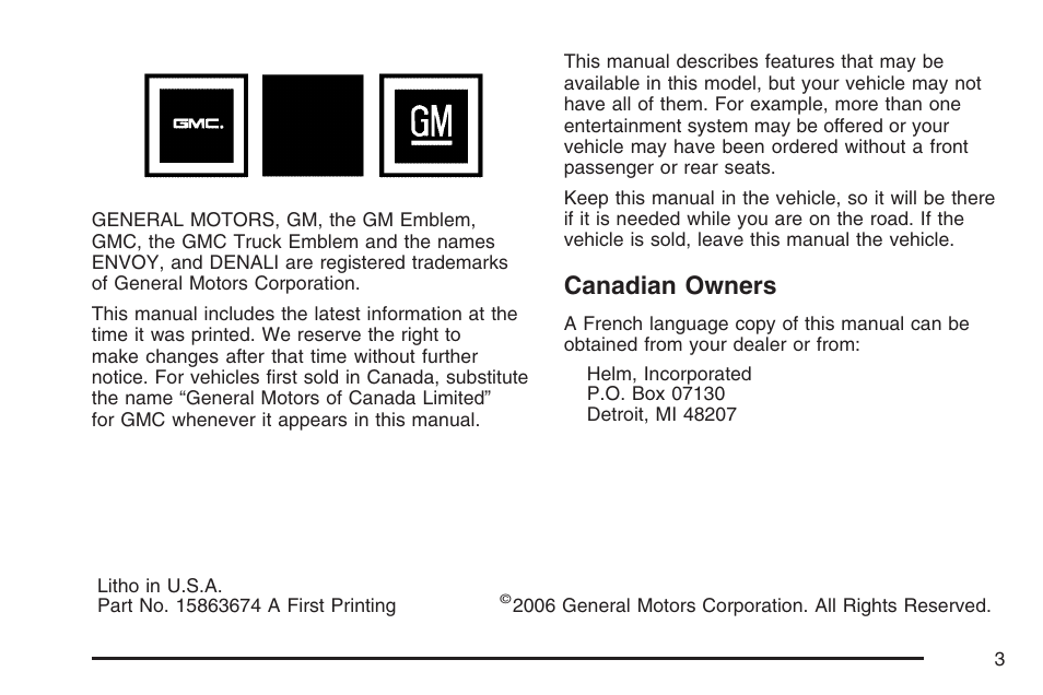Canadian owners | GMC 2007 Envoy User Manual | Page 3 / 562