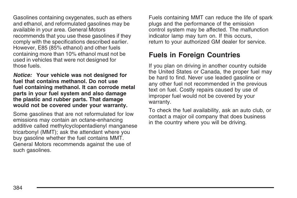 Fuels in foreign countries | GMC 2007 Envoy User Manual | Page 384 / 562