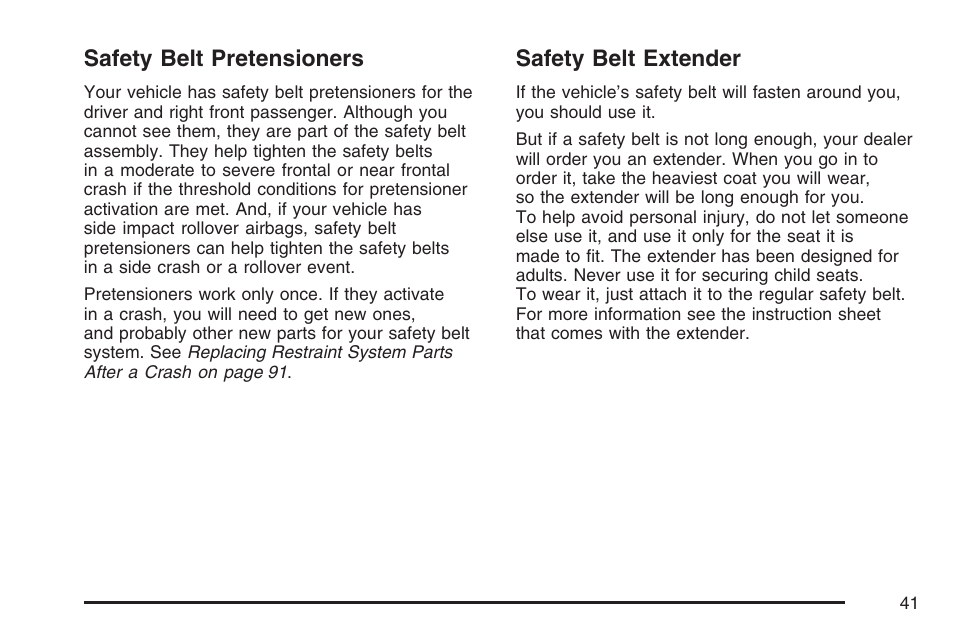 Safety belt pretensioners, Safety belt extender, Safety belt pretensioners safety belt extender | GMC 2007 Envoy User Manual | Page 41 / 562