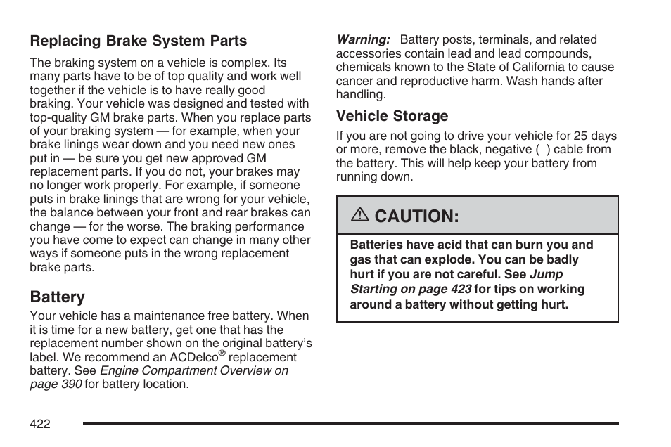 Battery, Caution | GMC 2007 Envoy User Manual | Page 422 / 562