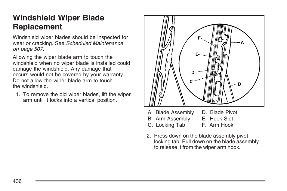 Windshield wiper blade replacement, Windshield wiper blade, Replacement | GMC 2007 Envoy User Manual | Page 436 / 562
