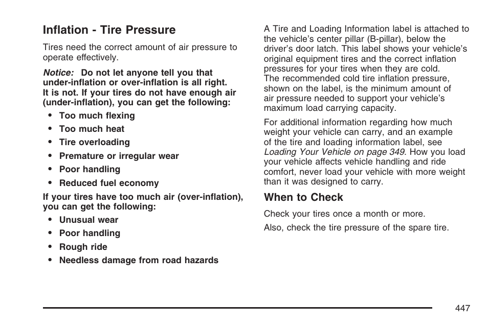 Inflation - tire pressure | GMC 2007 Envoy User Manual | Page 447 / 562