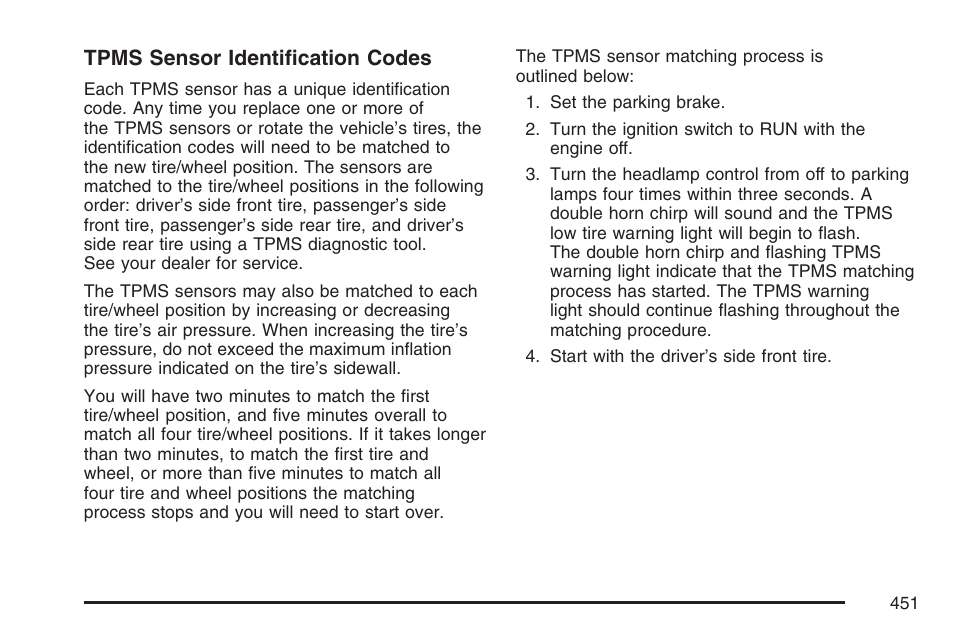 Tpms sensor identification codes | GMC 2007 Envoy User Manual | Page 451 / 562