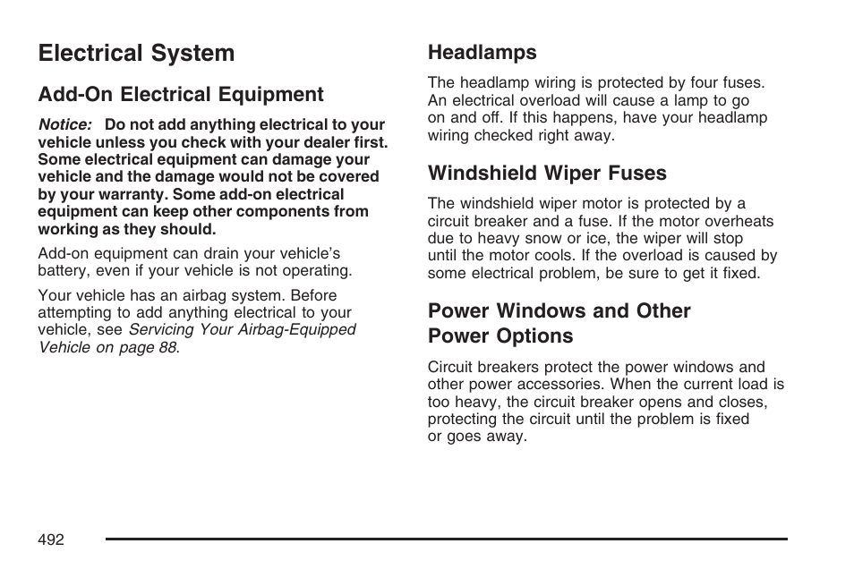 Electrical system, Add-on electrical equipment, Headlamps | Windshield wiper fuses, Power windows and other power options, Power windows and other power, Options | GMC 2007 Envoy User Manual | Page 492 / 562