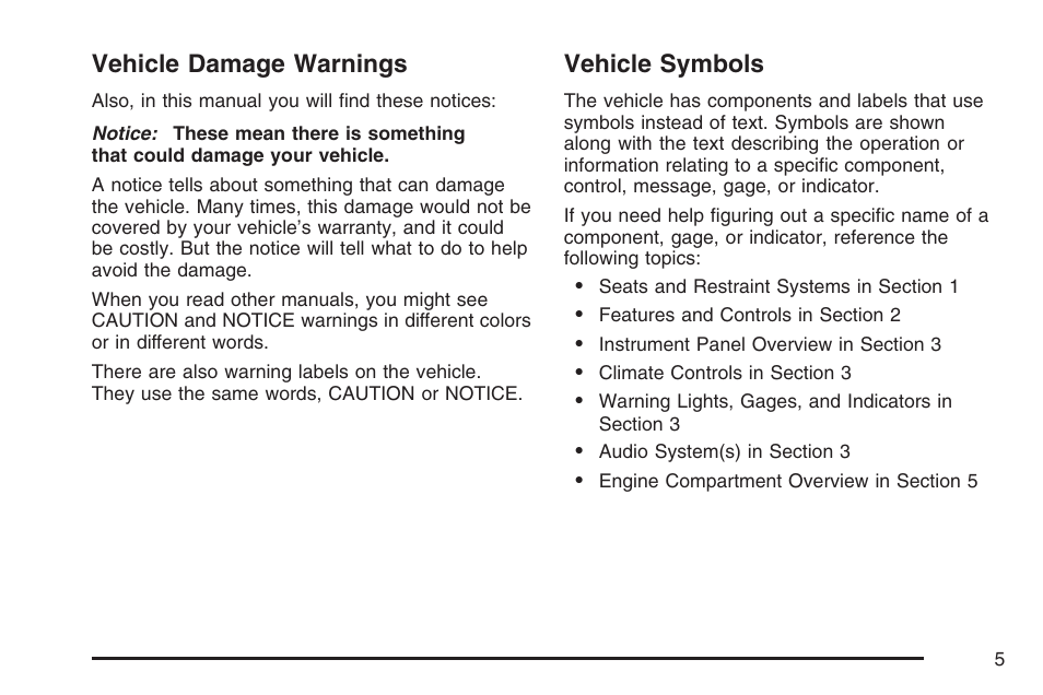 Vehicle damage warnings, Vehicle symbols | GMC 2007 Envoy User Manual | Page 5 / 562