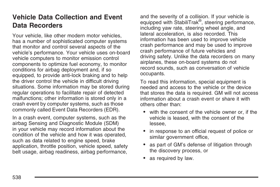 Vehicle data collection and event data recorders, Vehicle data collection and event, Data recorders | GMC 2007 Envoy User Manual | Page 538 / 562