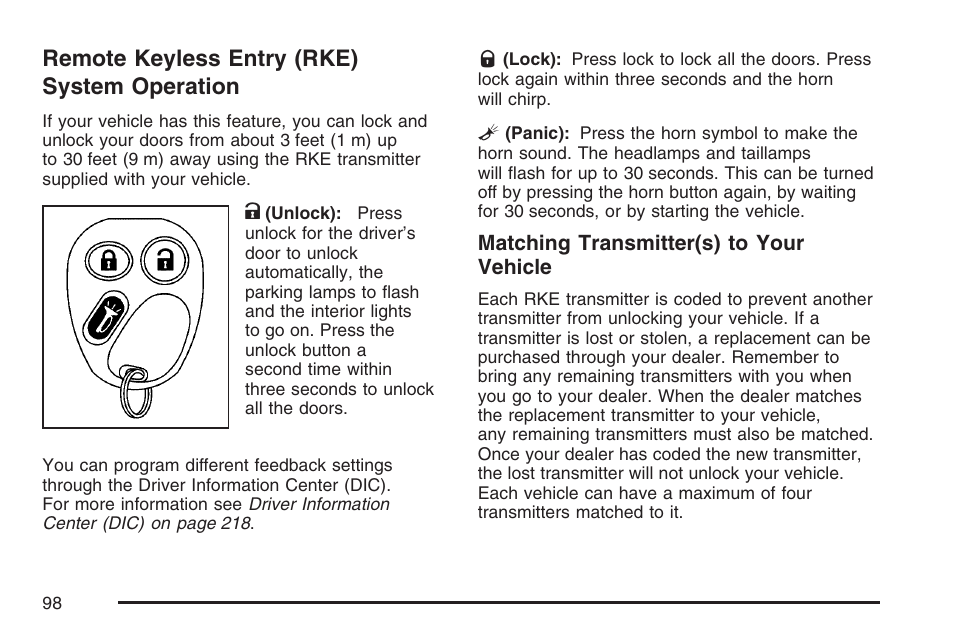 Remote keyless entry (rke) system operation, Remote keyless entry (rke), System operation | GMC 2007 Envoy User Manual | Page 98 / 562