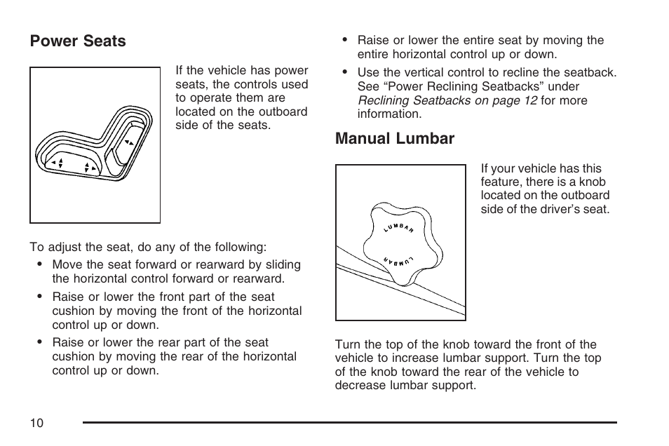 Power seats, Manual lumbar, Power seats manual lumbar | GMC 2007 Canyon User Manual | Page 10 / 492