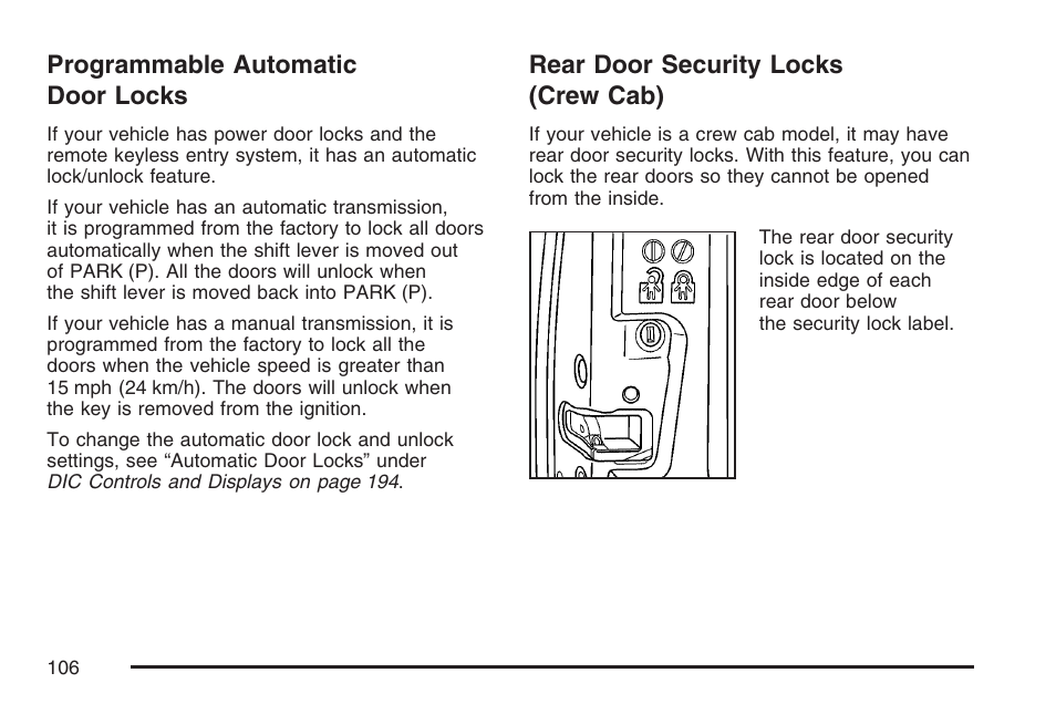 Programmable automatic door locks, Rear door security locks (crew cab) | GMC 2007 Canyon User Manual | Page 106 / 492