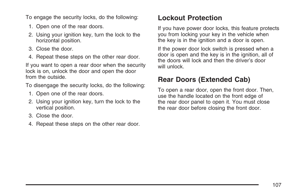 Lockout protection, Rear doors (extended cab), Lockout protection rear doors (extended cab) | GMC 2007 Canyon User Manual | Page 107 / 492