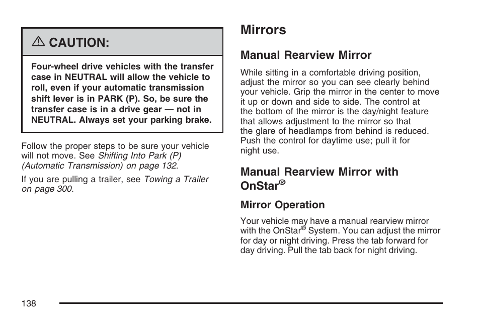 Mirrors, Manual rearview mirror, Manual rearview mirror with onstar | Caution | GMC 2007 Canyon User Manual | Page 138 / 492