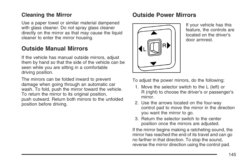 Outside manual mirrors, Outside power mirrors, Outside manual mirrors outside power mirrors | GMC 2007 Canyon User Manual | Page 145 / 492