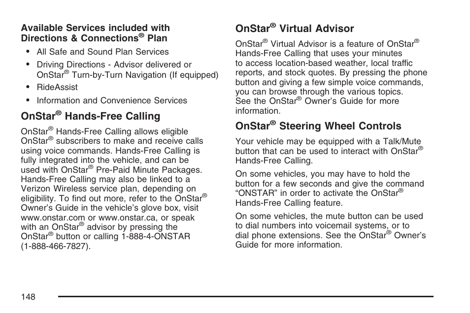 Onstar, Hands-free calling, Virtual advisor | Steering wheel controls | GMC 2007 Canyon User Manual | Page 148 / 492