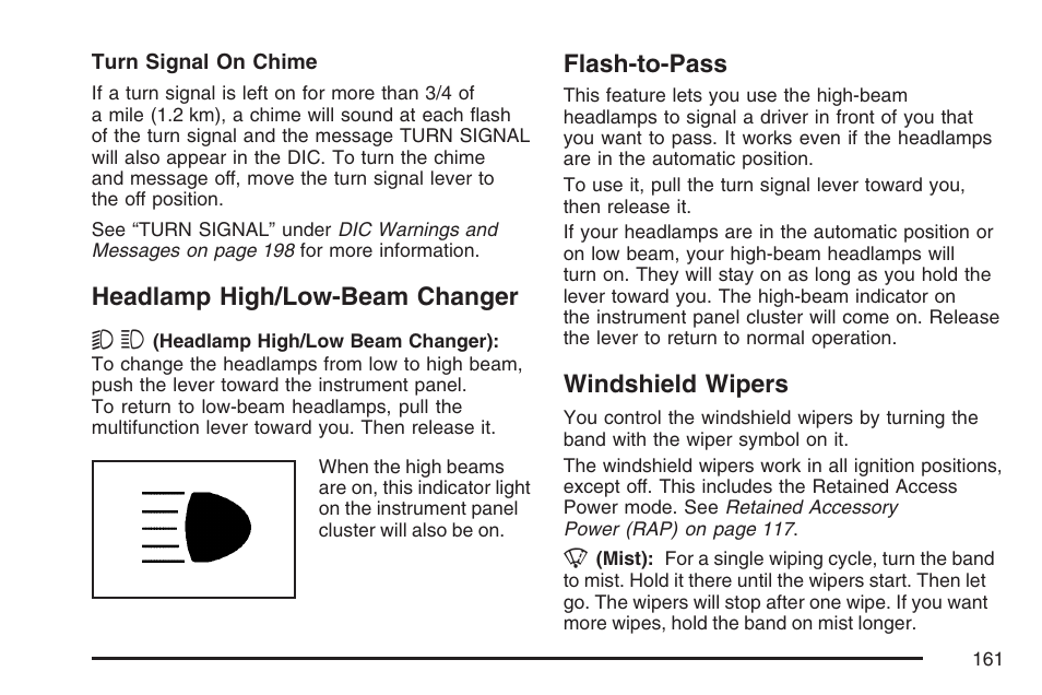 Headlamp high/low-beam changer, Flash-to-pass, Windshield wipers | GMC 2007 Canyon User Manual | Page 161 / 492