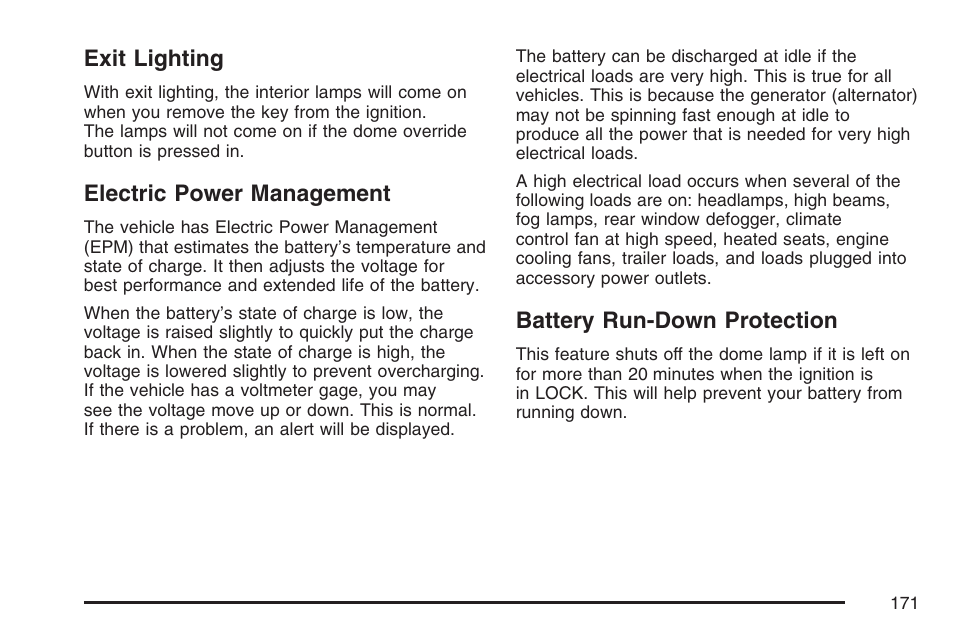 Exit lighting, Electric power management, Battery run-down protection | GMC 2007 Canyon User Manual | Page 171 / 492