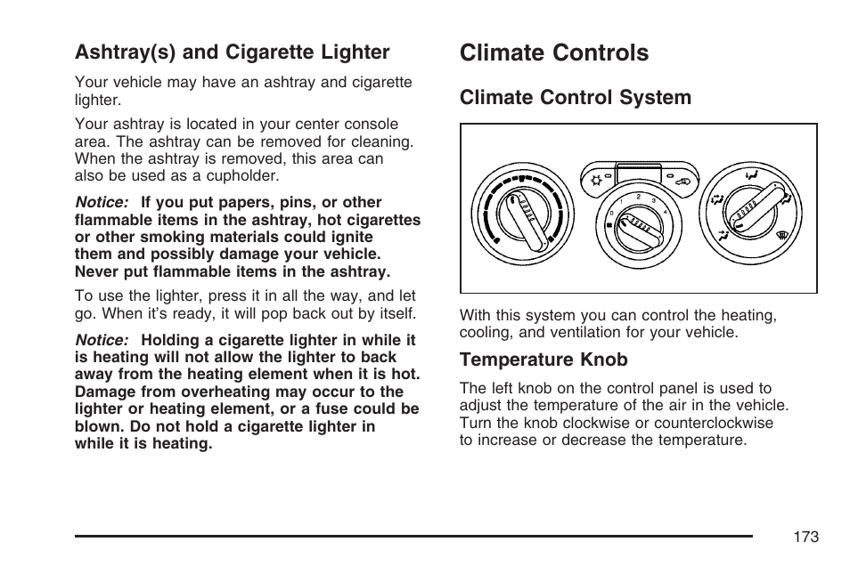 Ashtray(s) and cigarette lighter, Climate controls, Climate control system | Ashtray(s), And cigarette lighter, Climate control, System | GMC 2007 Canyon User Manual | Page 173 / 492