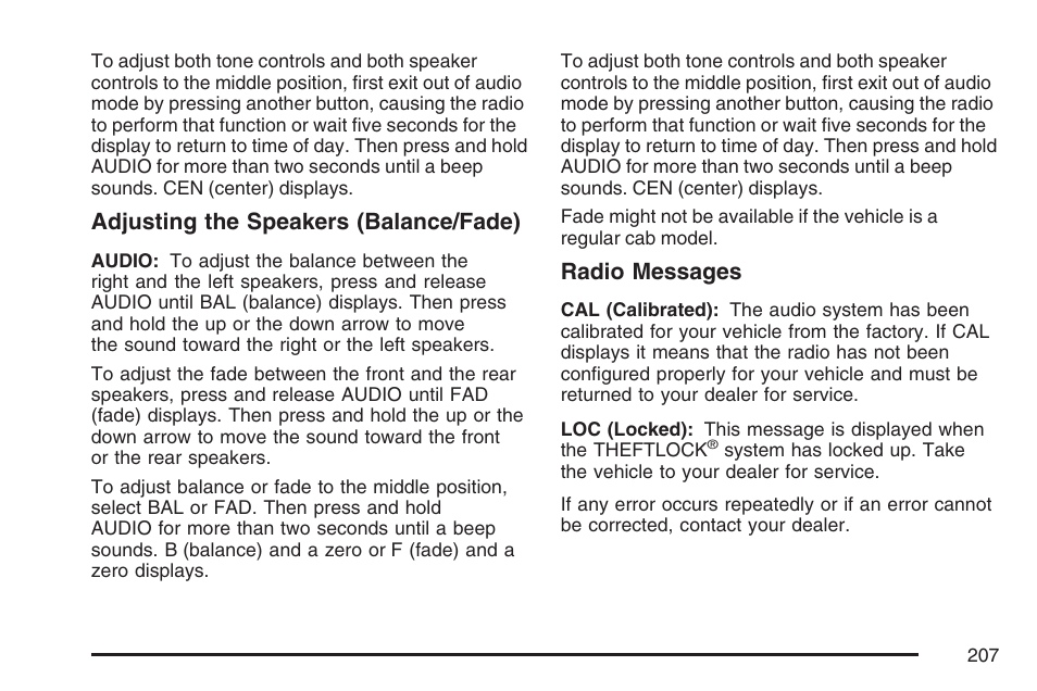 Adjusting the speakers (balance/fade), Radio messages | GMC 2007 Canyon User Manual | Page 207 / 492