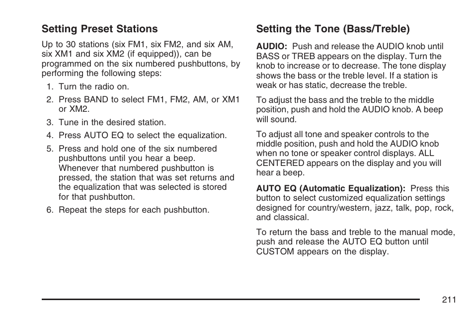 Setting preset stations, Setting the tone (bass/treble) | GMC 2007 Canyon User Manual | Page 211 / 492