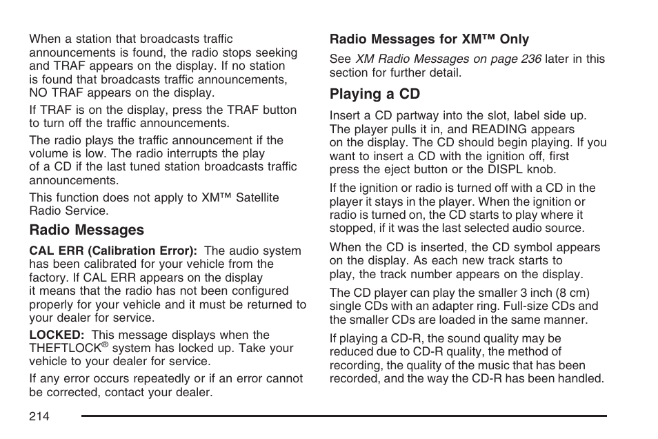 Radio messages, Playing a cd | GMC 2007 Canyon User Manual | Page 214 / 492